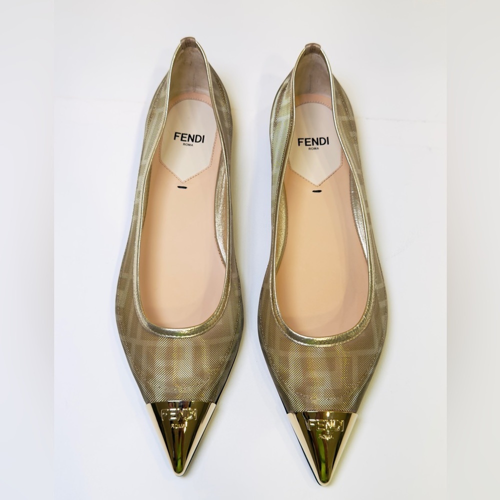 Fendi Colibri FF Mesh Ballerina Flats Gold Pointed Logo Engraved Metal Size 37 - Picture 12 of 15